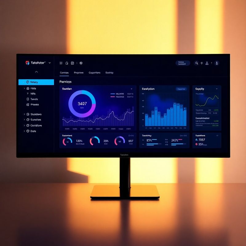 Tablou de bord interactiv Mic Studio afișat pe un monitor widescreen, cu tonuri indigo-tech