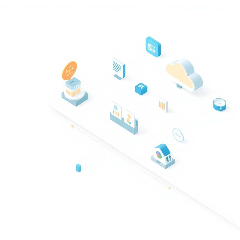 Diagramă izometrică a unui pipeline de date care leagă ERP, CRM și servicii cloud